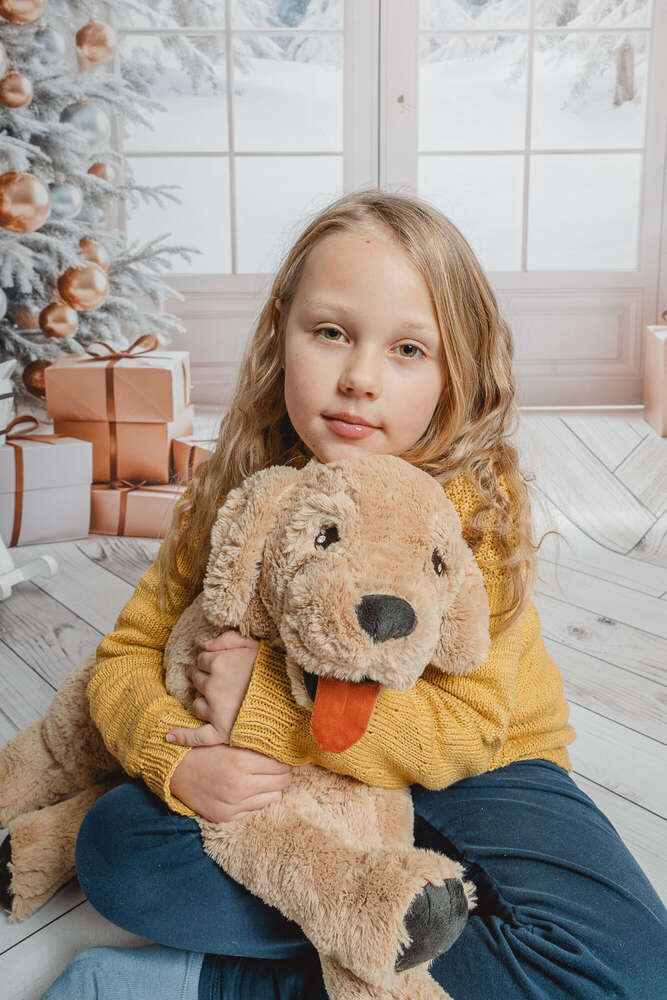 Mädchen mit großen Plüschhund unter dem Weihnachtsbaum  (Axel Jahnke | Fotografie)